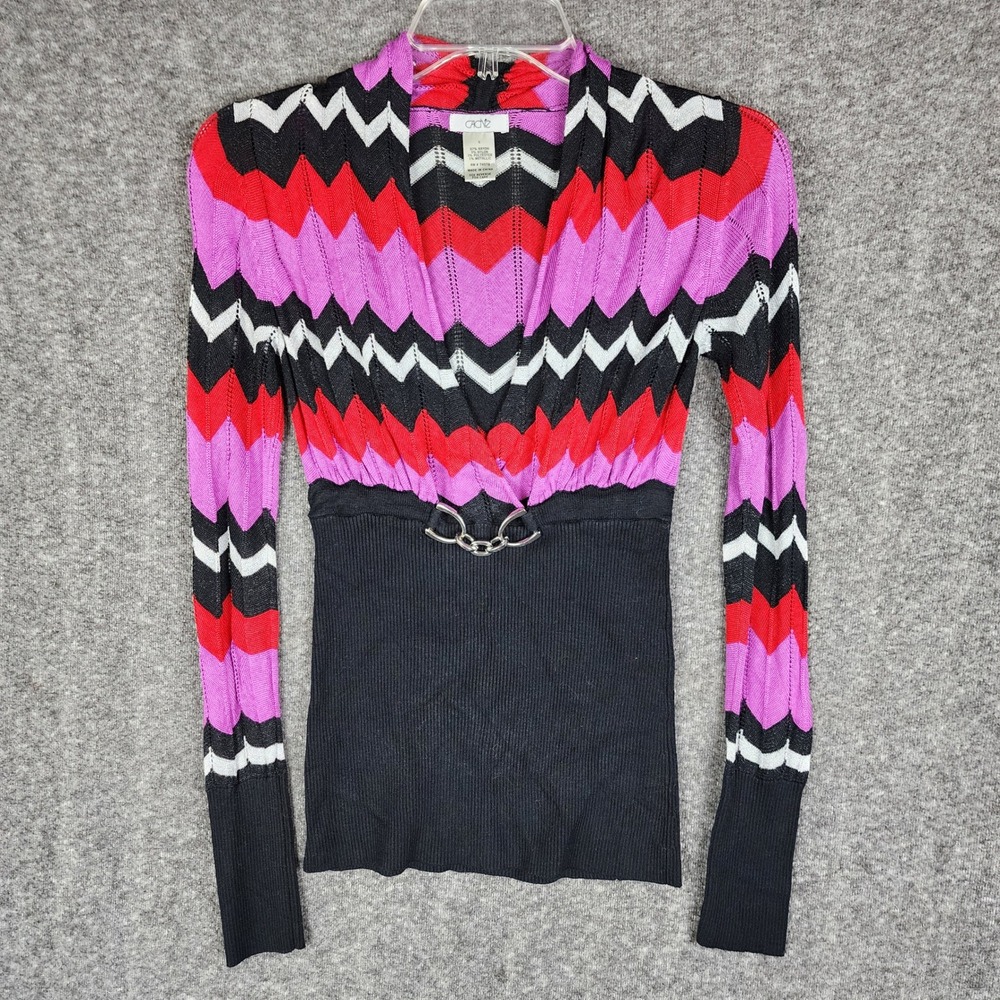 Cache Sweater Women Small Multicolor Chevron Metallic Chain V-Neck Long Sleeve